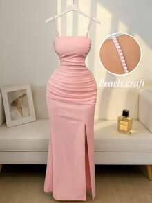 Elenzga Nuevo vestido elegante y sexy para mujeres con diseño de cuentas, tirantes finos, textura de punto y fruncido, con abertura, para citas y uso casual - Rosa - Ver 3