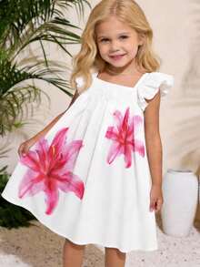 SHEIN 小女孩碎花印花短袖褶皱可爱连衣裙 - 白色 - 查看 2