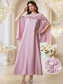 Al Najma Elegant & Modest 3D Floral Off-Shoulder Arabic Style Dress For Women Pink Dress For Women 3d Flower Dress Luxury Dress - Pink - View 4