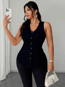 Elenzga 2025 New Plus Size Women's Elegant Fashion Daily Versatile V-Neck Open Front Pocket Decor Sleeveless Blouse, Spring/Summer - Black - View 6