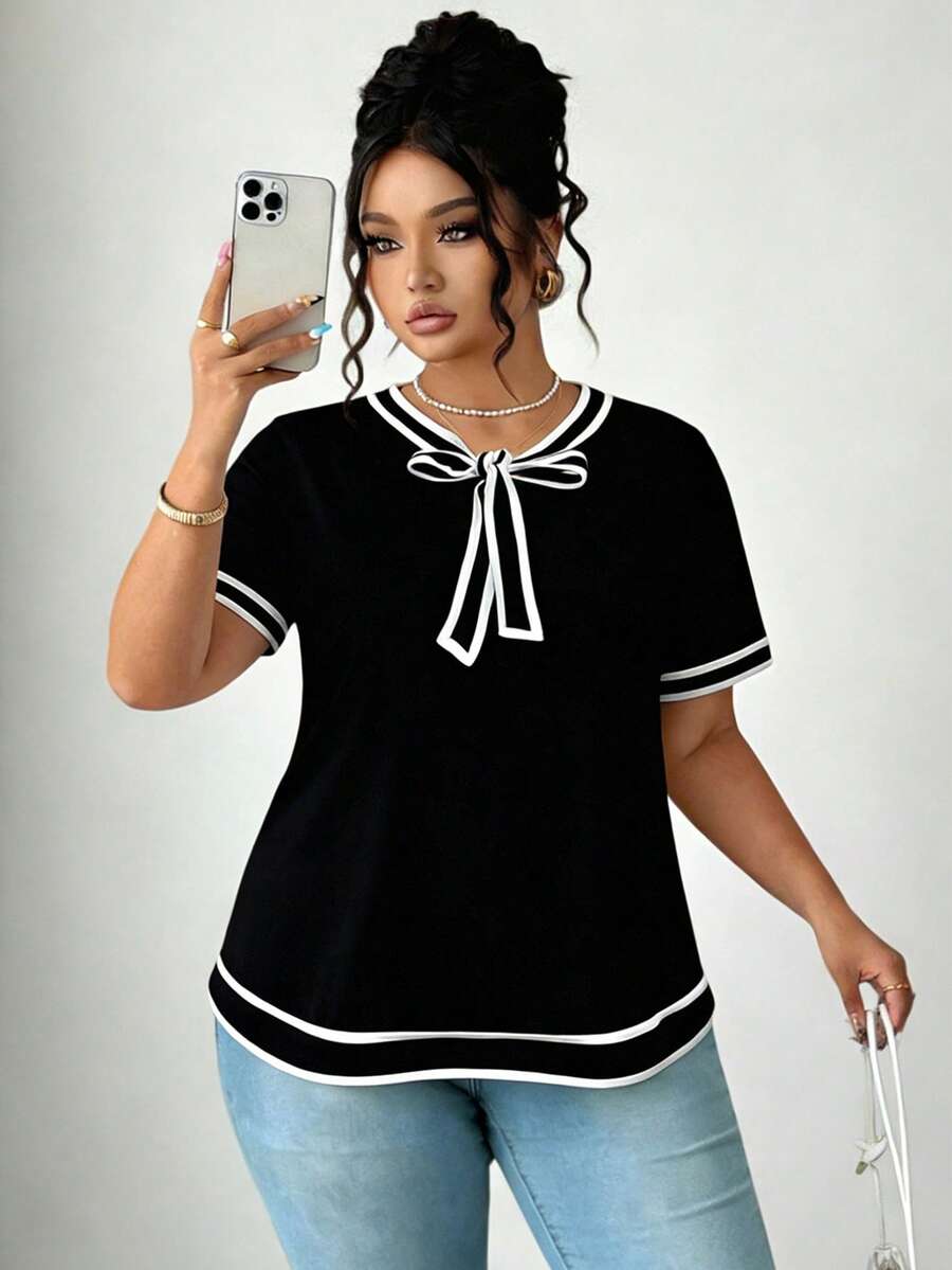 Arcane Artistry Plus Size Women's Elegant Contrast Trim Knot Collar Short Sleeve Top, Summer - Black and White - View 1