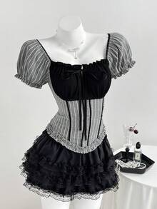 Elamini Women's Cute 2 In 1 Striped Square Collar Petal Sleeve Cinched Waist Blouse, Spring/Summer - Multicolor - View 3