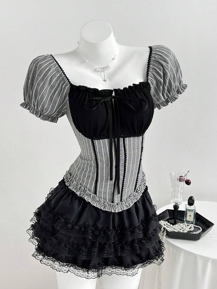 Elamini 女士可爱二合一条纹方领花瓣袖收腰上衣，春夏款 - 彩色 - 查看 1