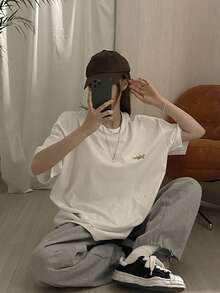 DAZY Damen Buchstaben- und Blume Muster Oversized T-Shirt mit Drop Shoulder, Grafik-Tees für Frauen - Weiss - Übersicht 5