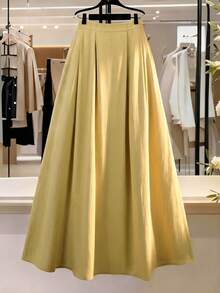 Franclia 大码女式纯色高腰褶裥A字长裙，优雅法式复古浪漫简约风格，适合办公室、通勤、商务、休闲、海滩、度假、街头风、下午茶、波西米亚风、中东风等场合，春夏新品上市 - 黃色 - 查看 7