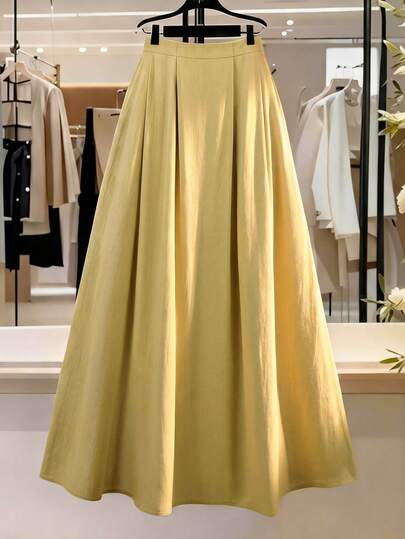 Franclia 大码女式纯色高腰褶裥A字长裙，优雅法式复古浪漫简约风格，适合办公室、通勤、商务、休闲、海滩、度假、街头风、下午茶、波西米亚风、中东风等场合，春夏新品上市