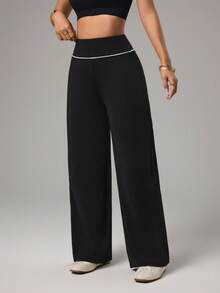 Dewbera Dewbera Pantalones anchos de mujer para yoga, deportes, fitness al aire gimnasio, con cintura con rayas de color contrastante, básicos y casuales - Negro - Ver 6
