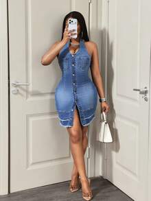 Slaydiva Đầm denim nữ thanh lịch cài một hàng khuy, viền tua rua, ôm eo, thích hợp cho buổi hẹn hò hoặc dự tiệc tối. - Rửa trung bình - Xem 6