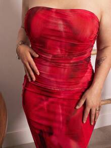 Lupita Cardoza 女士扎染无肩带侧开衩连衣裙，新年服装，长款女装派对装扮 - 紅色 - 查看 3