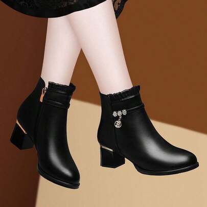 Botas de tacón grueso para mujer otoño/invierno Botines de tacón alto con cordones Cremallera metálica lateral para ponérselos y quitárselos fácilmente Adornados con colgantes de diamantes de imitación Compactos y refinados