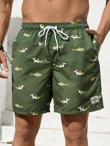 VIVINTIMO Men Shark Print Letter Patched Detail Drawstring Waist Swim Trunks,Hawaiian - Army Green - View 1