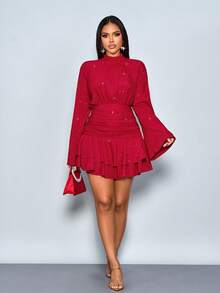 SOLERSUN Váy dự tiệc nữ thu đông thanh lịch cho ngày lễ tình nhân, vải dệt kim họa tiết kim sa màu đỏ lấp lánh, cổ cao, tay chuông, xếp ly hông, viền nhún đôi - Đỏ - Xem 6