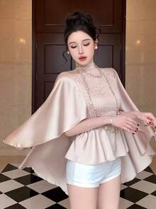 DAZY Áo kiểu tay lửng màu trơn thanh lịch dành cho nữ dự tiệc - Màu be - Xem 4