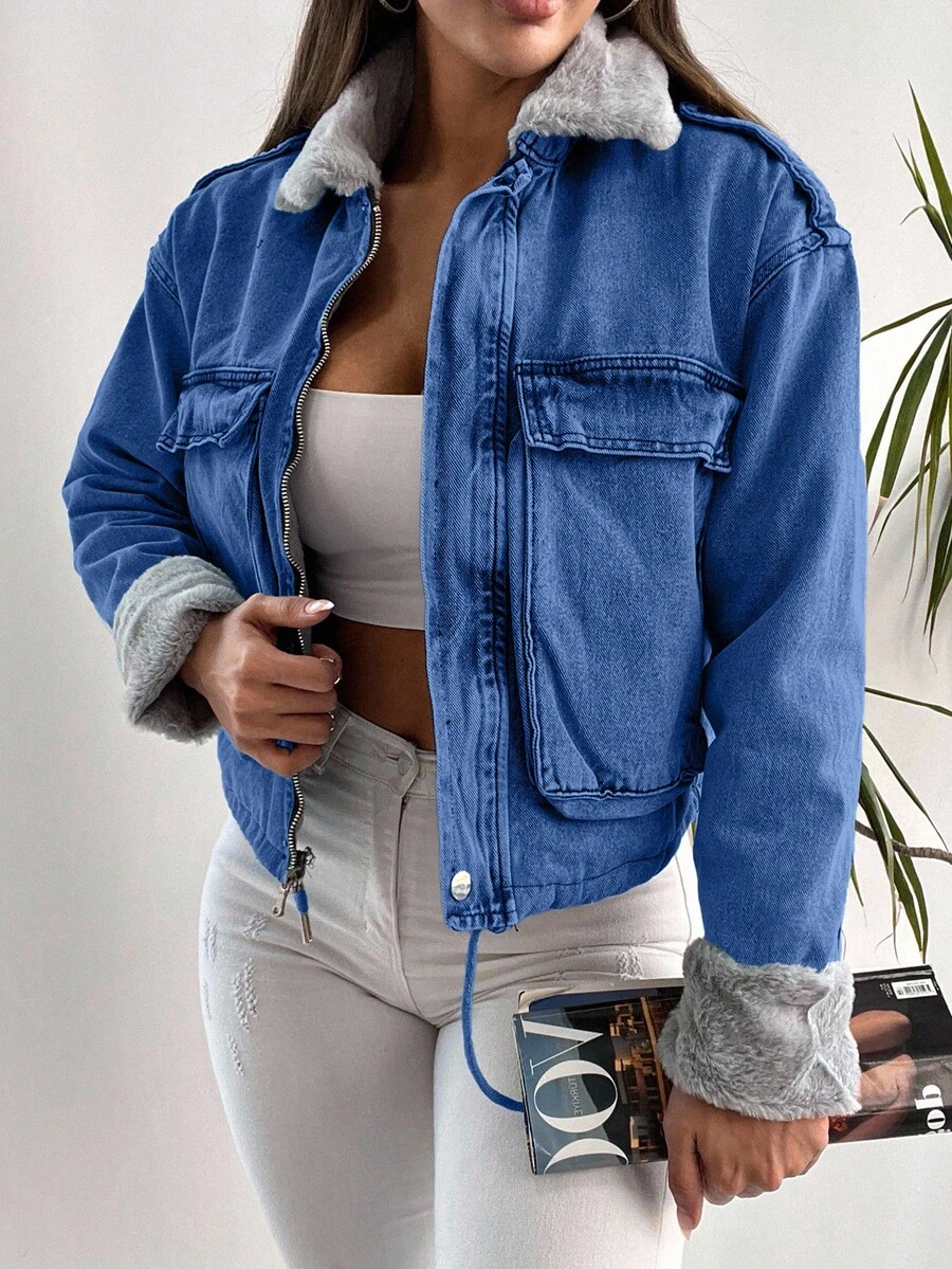 EURMUSE 100%Cotton Fuzzy Collar Flap Pocket Drop Shoulder Denim Jacket - Baby Blue - View 1