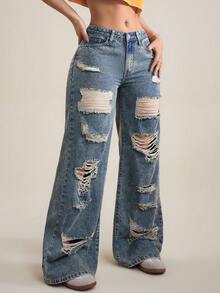 SHEIN Tall Women's Pocket Button Distressed Casual Versatile Daily Wear Wide Leg Jeans - Blue - View 3