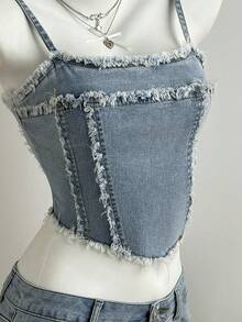 Elamini 女士毛边吊带上衣和迷你裙牛仔套装 - 淺色水洗藍 - 查看 6