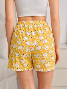 SHEIN Women PLUS SIZE Cotton 2 Pcs Fake Drawstring Detail Cute Rabbit Patterned Shorts Sleep Bottoms Shorts Homewear Set - Multicolor - View 9