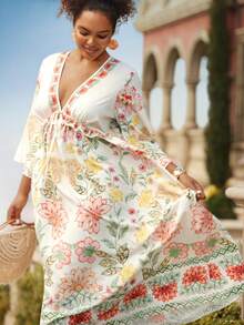 Travachic Rochie maxi cu mânecă lungă și imprimeu floral tropical pentru femei, mărime mare, rochie lejeră cu papion, decolteu în V, spate fără bretele, rochie cu decor cu volane, rochie romantică pentru sărbători și întâlniri insulare - Multicolor - Vizualizare 1