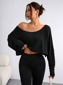 Elenzga Áo thun nữ cỡ lớn tay dài cổ lệch, dáng ngắn, màu trơn, thích hợp cho mùa thu. - màu đen - Xem 6