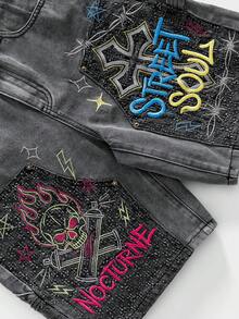 ROMWE MEN Men's Embroidered Cargo Denim Shorts - Grey - View 2