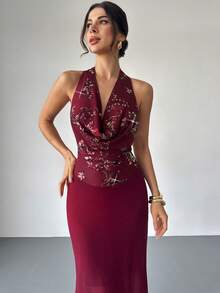 Firerie 女士优雅超长亮片连衣裙 - 酒紅色 - 查看 5