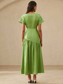 Aveloria Rosie 优雅女士简约高端奢华设计缎面V领褶皱落肩袖收腰修身开衩连衣裙 - 綠色 - 查看 6