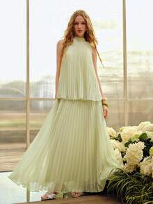 MOTF PREMIUM WOMEN'S PLEATED ROMANTIC A-LINE 2 PIECES SET, SPRING/SUMMER - Green - View 7