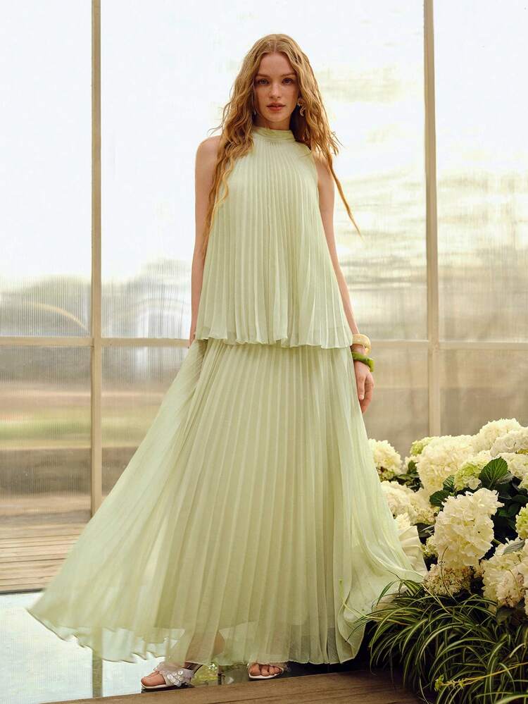 WOMEN'S PLEATED ROMANTIC A-LINE 2 PIECES SET, SPRING/SUMMER