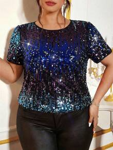 Cravure Plus Size Fashionable Gradient Sequin Shirt, Summer - Multicolor - View 3