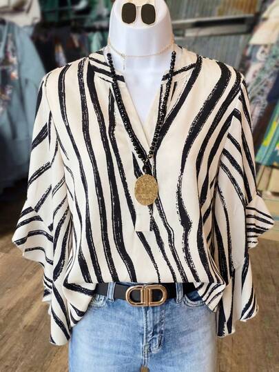 LanaWest Urban Chic Elegant Resort New Women's Spring/Summer Black & White Zebra Print V-Neck Flare Sleeve Loose Blouse, Suitable For Daily Wear, Wedding, Formal Event, Commute, Graduation Party, Holiday, Date, Party, Halloween, Christmas, New Year, Thanksgiving, Wedding