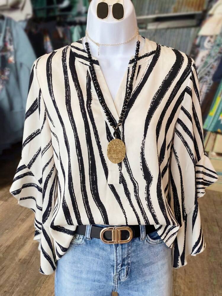 LanaWest Blusa holgada de manga acampanada con cuello en V y estampado de cebra en blanco y negro, elegante y de estilo urbano para mujer, adecuada para uso diario, boda, eventos formales, ir al trabajo, fiesta de graduación, vacaciones, citas, fiestas, Halloween, Navidad, Año Nuevo, Acción de Gracias, bodas - Blanco y Negro - Añade 1
