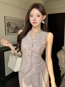 DAZY Women's Elegant Textured Faux Pocket V-Neck Vest And Wide Leg Pants 2-Piece Set, Spring/Summer - Pink - View 9