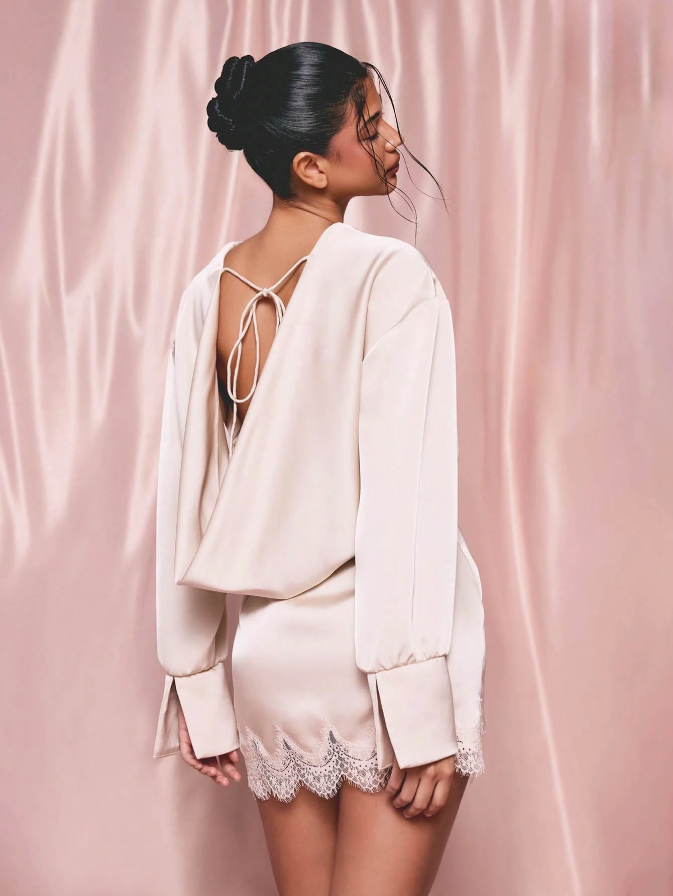 KIZN Satin Cowl Neck Mini Dress With Lace Trim