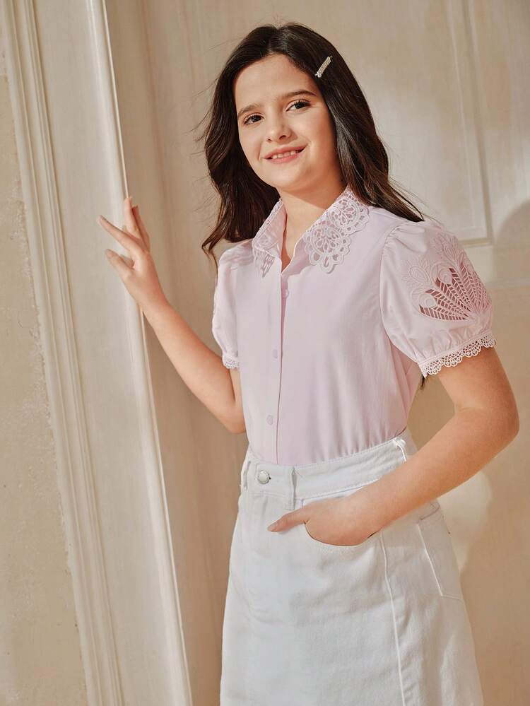 Spring New Pink Blouse For Girls, Petal Sleeve Embroidery Design, Fashionable Mid-Large Child Top Shirt For Summer