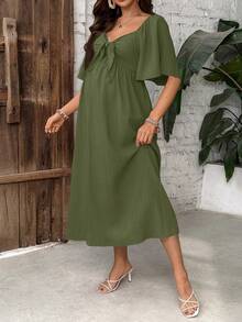 SHEIN Đầm bầu dáng midi buộc dây phía trước, tay bồng, kiểu dáng thường ngày. - xanh quân đội - Xem 4