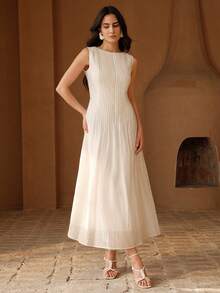 Anewsta Minimalist Fashionable Versatile Solid Color Jacquard Textured French Style Waist-Cinching Slimming Long Dress - Apricot - View 3