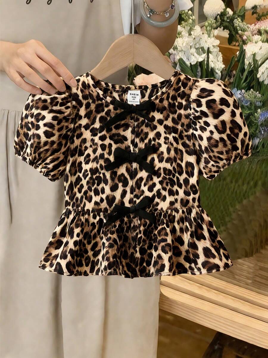 女童雪纺豹纹圆领花瓣袖修身休闲衬衫 - 彩色 - 查看 1