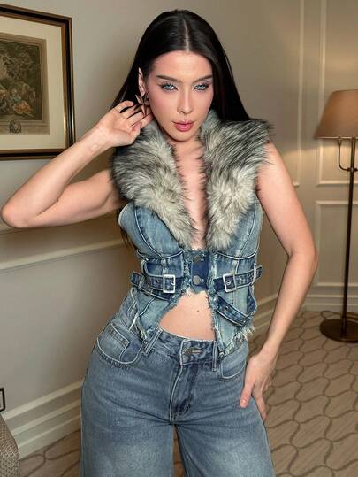 hhfernanda Y2K 女式可拆卸仿毛领牛仔夹克