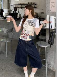 DAZY Women's Round Neck Cartoon Letter Print Casual Versatile Daily Wear Short Sleeve T-Shirt - Blue - View 3