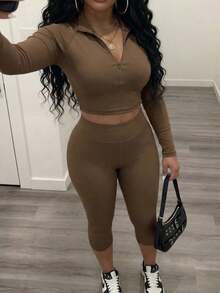 Slaydiva Neuer Frühlingsanfang, Frühlings- und Sommerfestival, Valentinstag, Ostern Lässig, einfacher und Basic Stil, Y2K Street Sweet, tägliches Date, Hot Girl Stil, sexy, sportlich und stilvoll, kleiner Stehkragen, halbe Öffnung Revers, Reißverschluss Stil, langärmliges Top + enge Hose, 3/4 Hose, Hasselblad Faden Dekoration, graubraunes Set für Frauen, Zweiteiler - Kaffeebraun - Übersicht 2