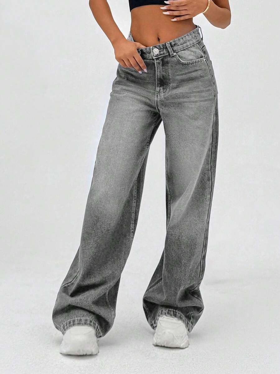 SHEIN Cottnline 100% Cotton HIGH RISE WIDELEG FIT VINTAGE WASH WOMEN BAGGY JEANS - Dark Grey - View 1