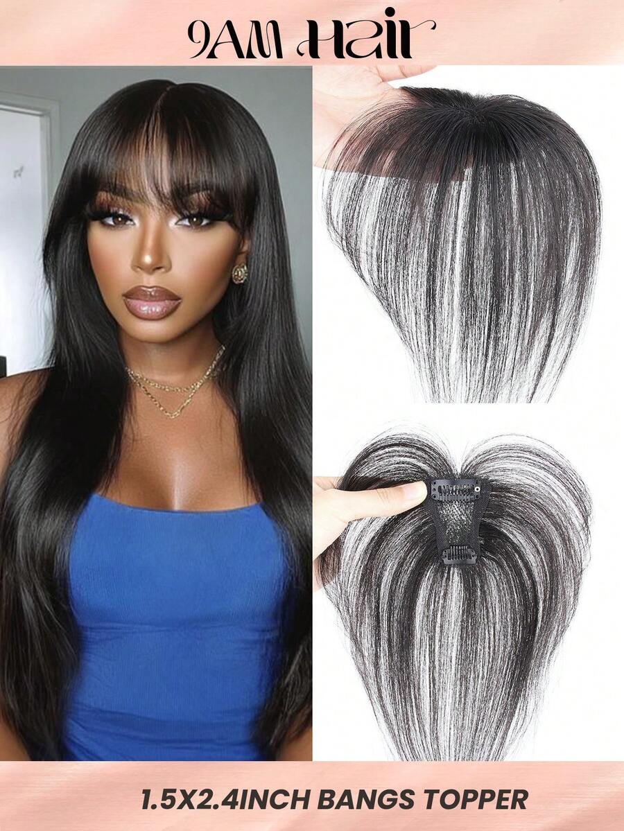 4x6CM Human Hair Topper With Bangs Invisible Swiss Net Hair Piece Straight Topper Increase Hair Volume Hairpiece Secure Clip For Women - Natural Black - View 1
