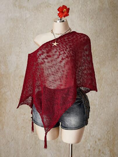 SHEIN ICON Plus Size Women's Spring/Summer Retro Sexy Elegant Commuter Casual Everyday Bohemian Style Millennial Style Y2K Music Festival Outfit Tassel Decoration Off-Shoulder Red Knitted Cover-Up Top