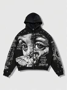 ROMWE MEN Street Life Sudadera con capucha con estampado de eslogan de ángel callejero para hombres - Negro - Ver 6