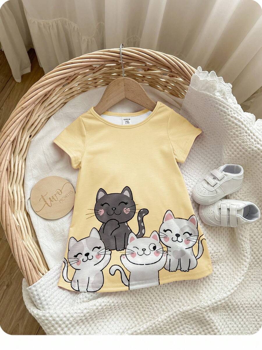 Babygirl Cute Pink Cartoon Print Short Sleeve Dress, Spring/Summer - Yellow - View 1