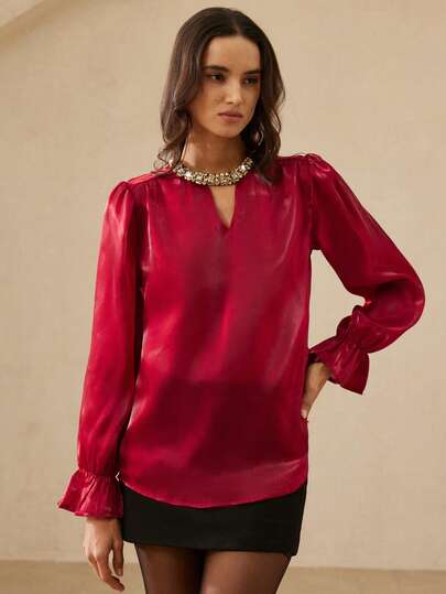 Aveloria Rosie New Arrival French Style Elegant Commuting Versatile Satin Round Neck Exquisite Rhinestone Trim Hollow Lantern Sleeve Long Sleeve Women Blouse