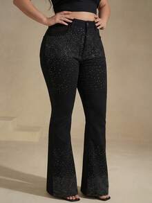 Slaydiva Pantalones vaqueros negros acampanados con diseño de cristales de degradado brillante, atuendo casual de verano para fiestas y vacaciones de verano para mujeres - Negro - Ver 6