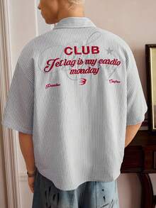 SWAVVY 男士梭织休闲宽松条纹短袖衬衫 - 黑色 - 查看 2