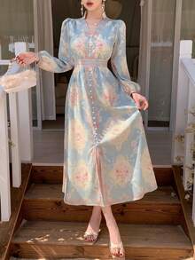 DAZY Women's V-Neck Allover Print Bohemian Style Print Waist Cinched Dress - Multicolor - View 1