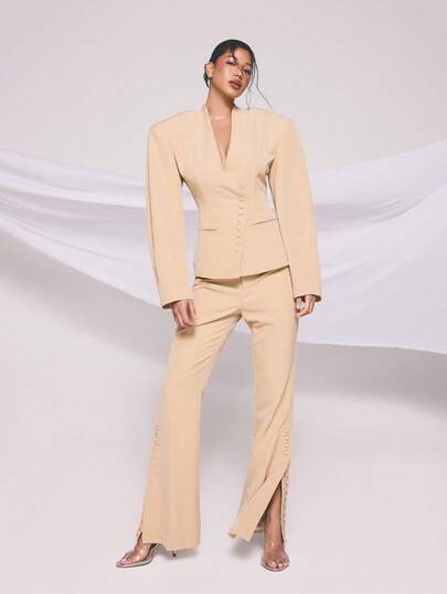 KIZN Pantalon évasé tailleur professionnel pour femmes avec détails de boutons pour le bureau et les tenues de cérémonie